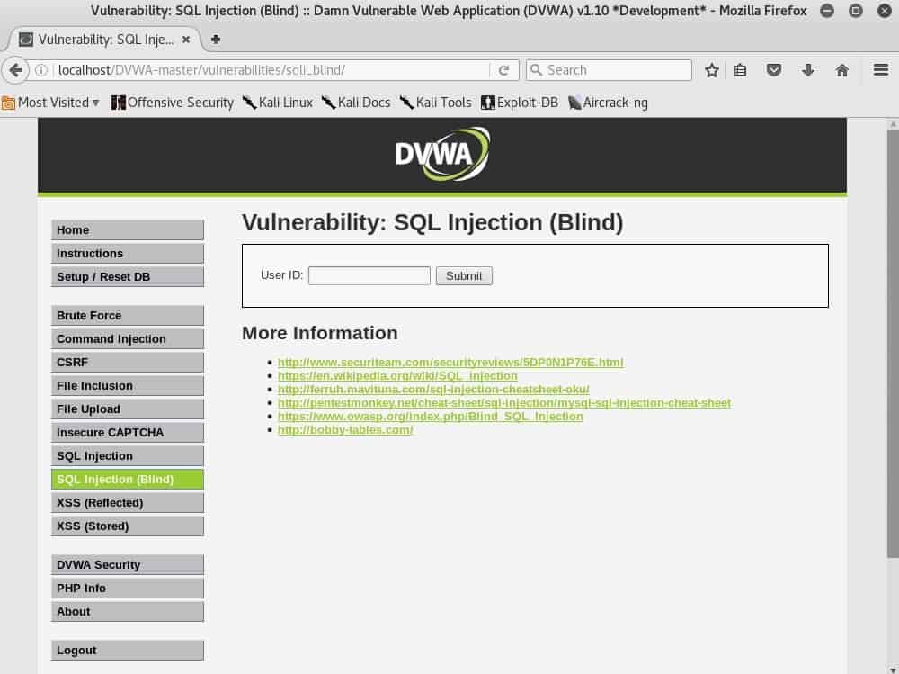 El apartado SQL Injection BLIND de DVWA