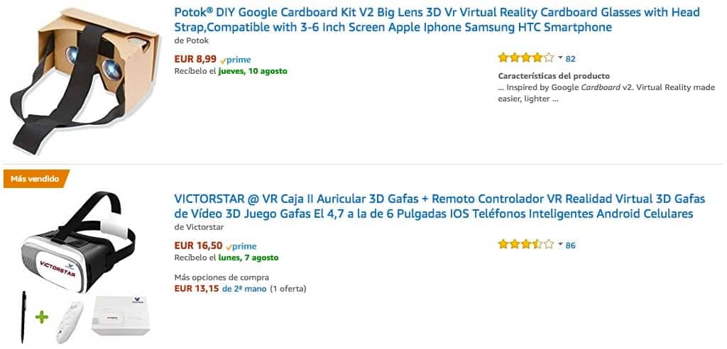 Dos de las Google Cardboard que se pueden ver en Amazon