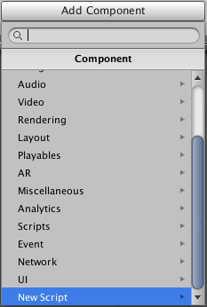 Menú del botón Add Component con la opción Add Script seleccionada. 