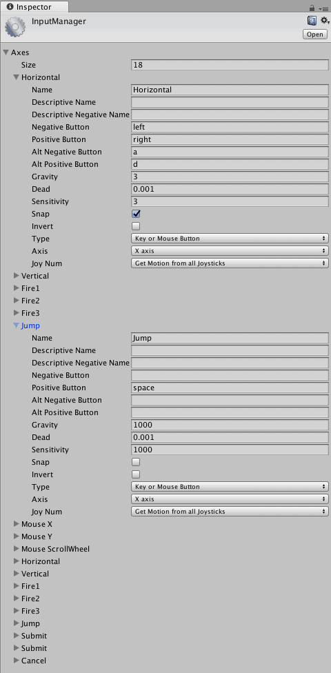 Menú donde podemos configurar teclas de entrada para Unity. 