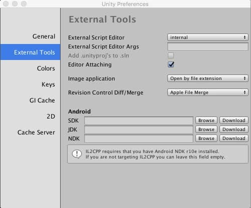 La ventana para configurar las External Tools de Unity. 