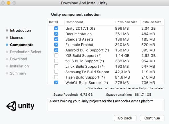 Lista de los componentes que se pueden instalar de Unity. 