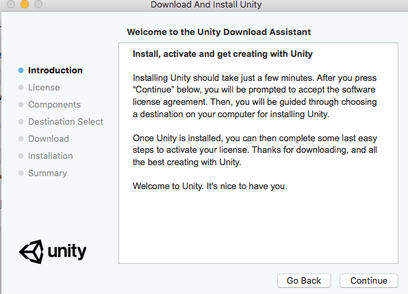 Primer paso de la instalación de Unity