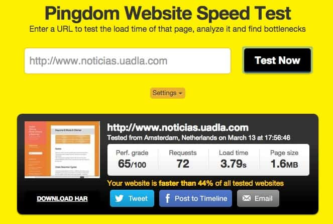 Resultados en PingDom de optimizar con WP Fastest Cache