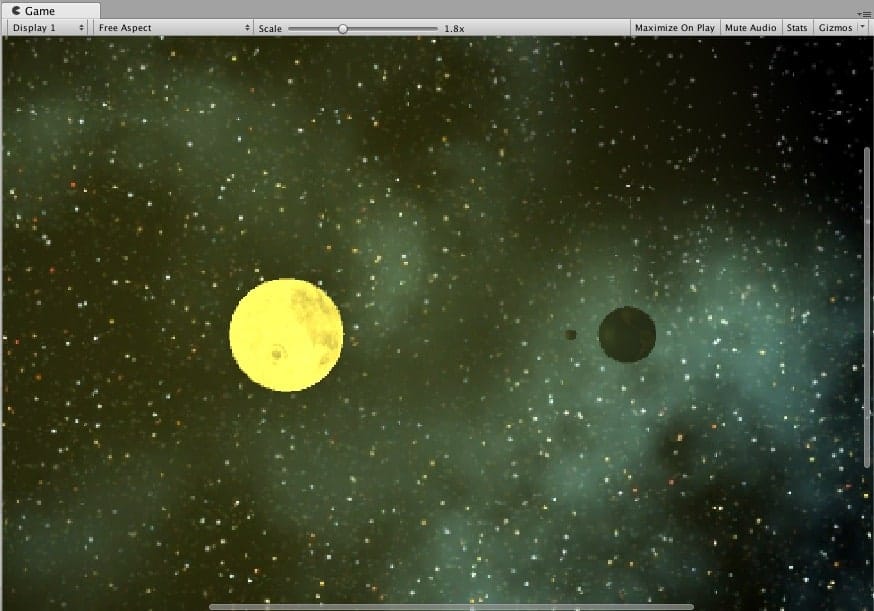 Ejemplo de la aplicación Unity con los tres planetas creados