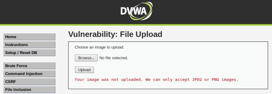 Error que presenta DVWA cuando subimos un fichero que no es una imagen. 