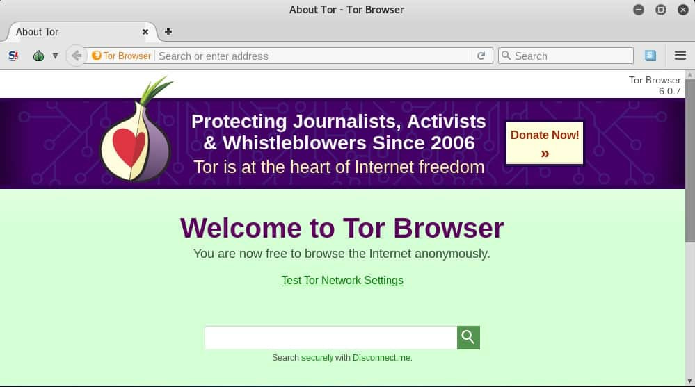 Pantalla de inicio del navegador Tor